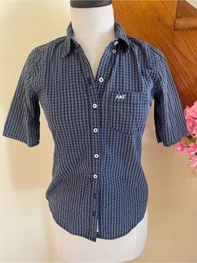 Abercrombie & Fitch Navy Checked Short Sleeve Button-Up Shirt